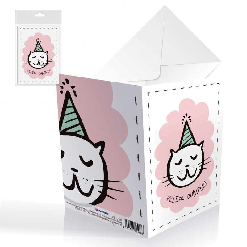 tarjeta feliz cumple gato con gorro