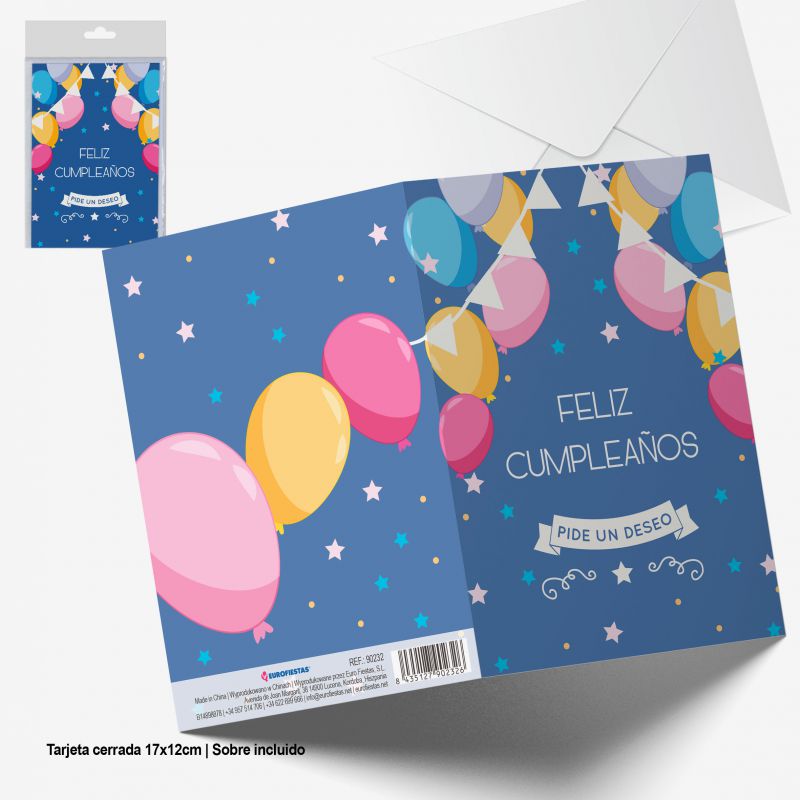 tarjeta felicitacion feliz cumple globos fondo azul marino con estrell