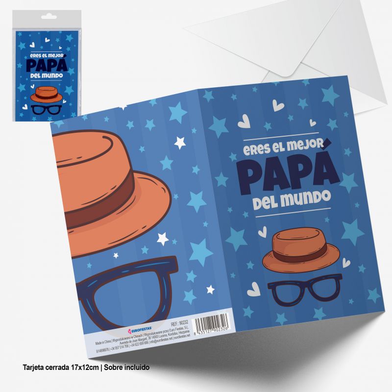 tarjeta felicitacion mejor papa del mundo azul sombrero y gafas