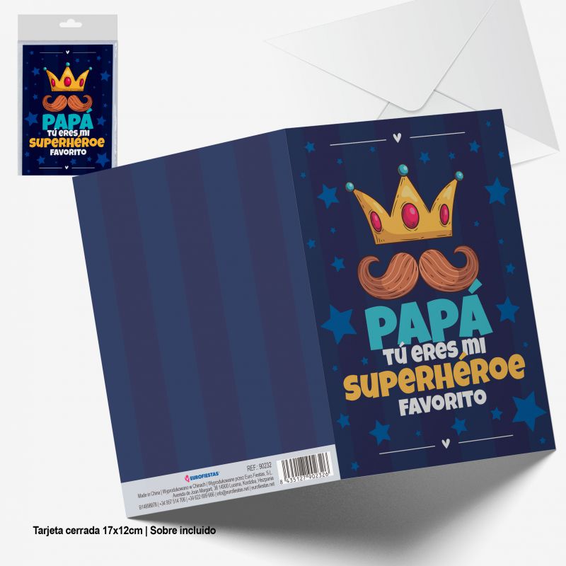 tarjeta felicitacion papa superheroe corona y bigote azul marino