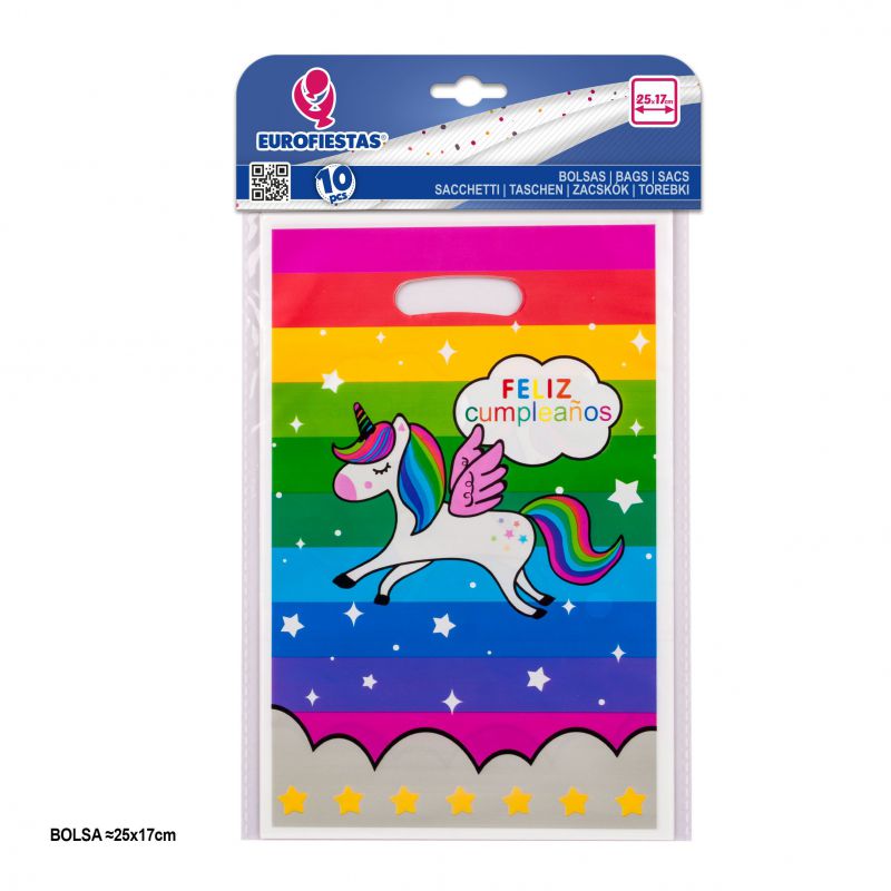 10 bolsas plastico arco iris feliz cumple 25x16.5cm unicornio