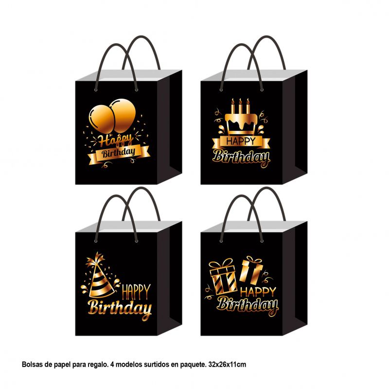bolsa regalo happy birthday negra motivos festivos oro metal  32x26x11
