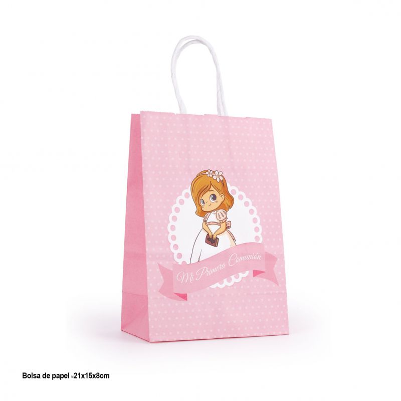 bolsa regalo comunion niña lunares rosa 21x16x8cm