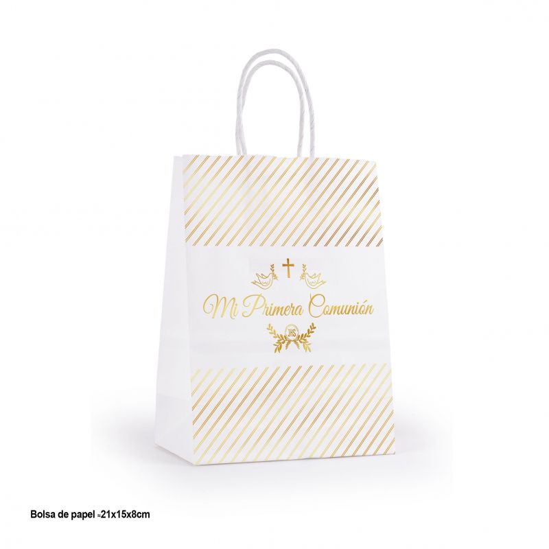 bolsa regalo comunion blanca franjas oro metalizado 21x16x8cm