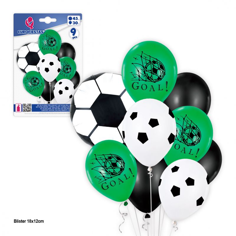 set 9 globos impresos futbol goal verde blanco y negro