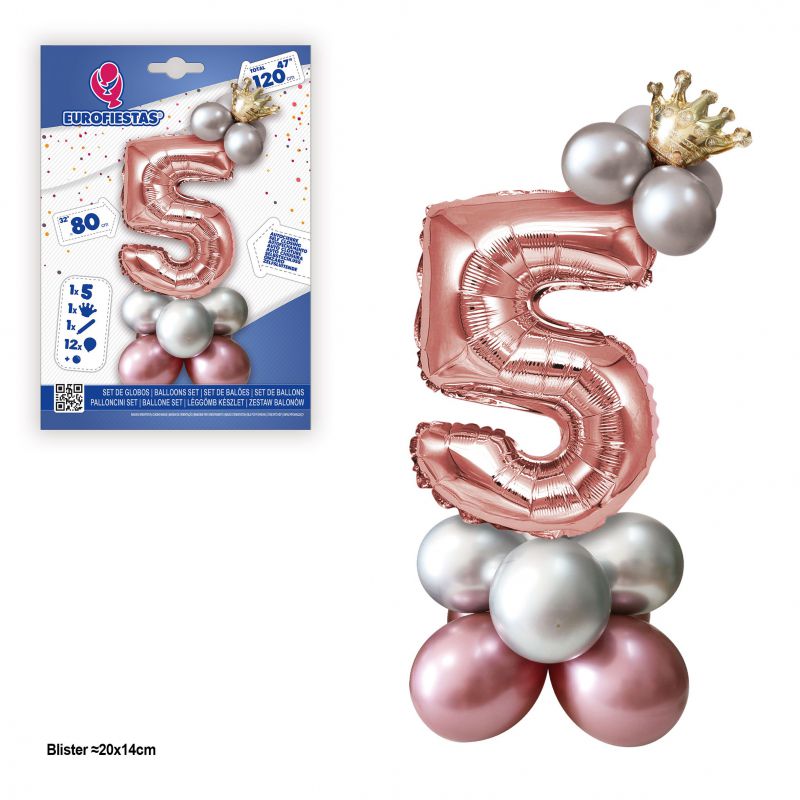set globo foil corona 80cm 5  plata-rosa