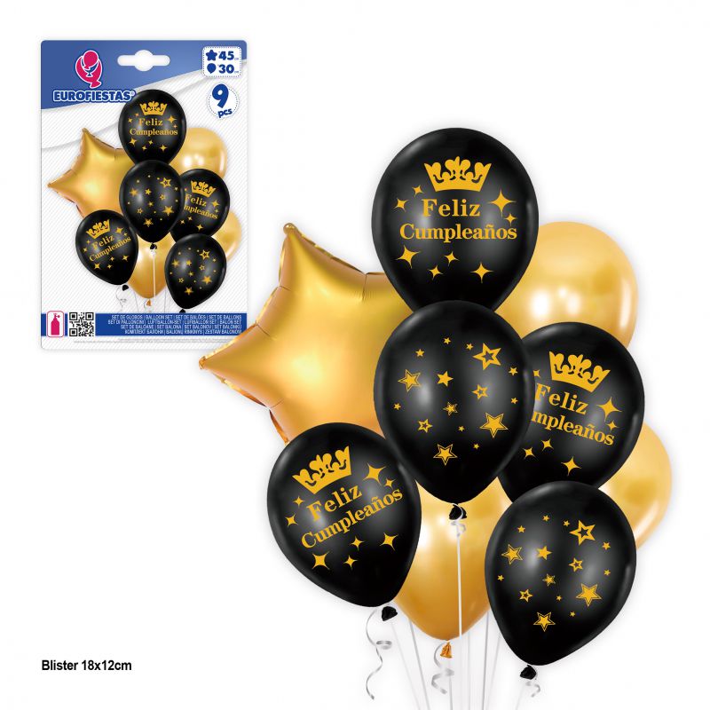 set 9 globos impresos corona feliz cumple oro y negro