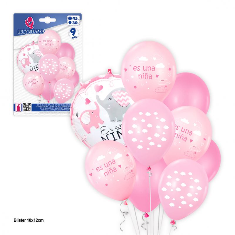 set 9 globos impresos elefantes es una niña rosas