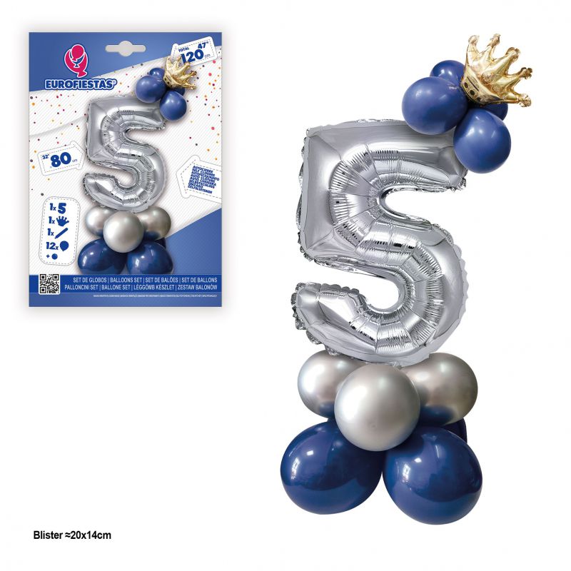 set globo foil corona 80cm 5  plata-azul