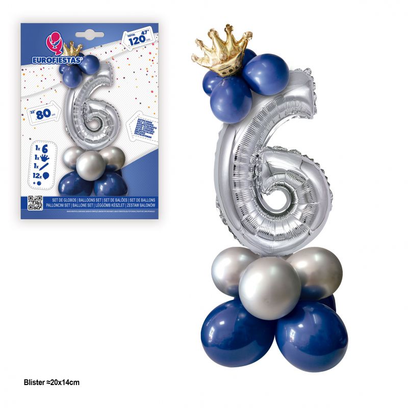 set globo foil corona 80cm 6  plata-azul