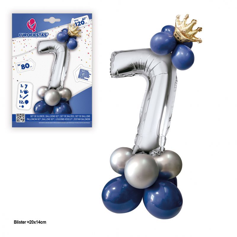 set globo foil corona 80cm 7  plata-azul
