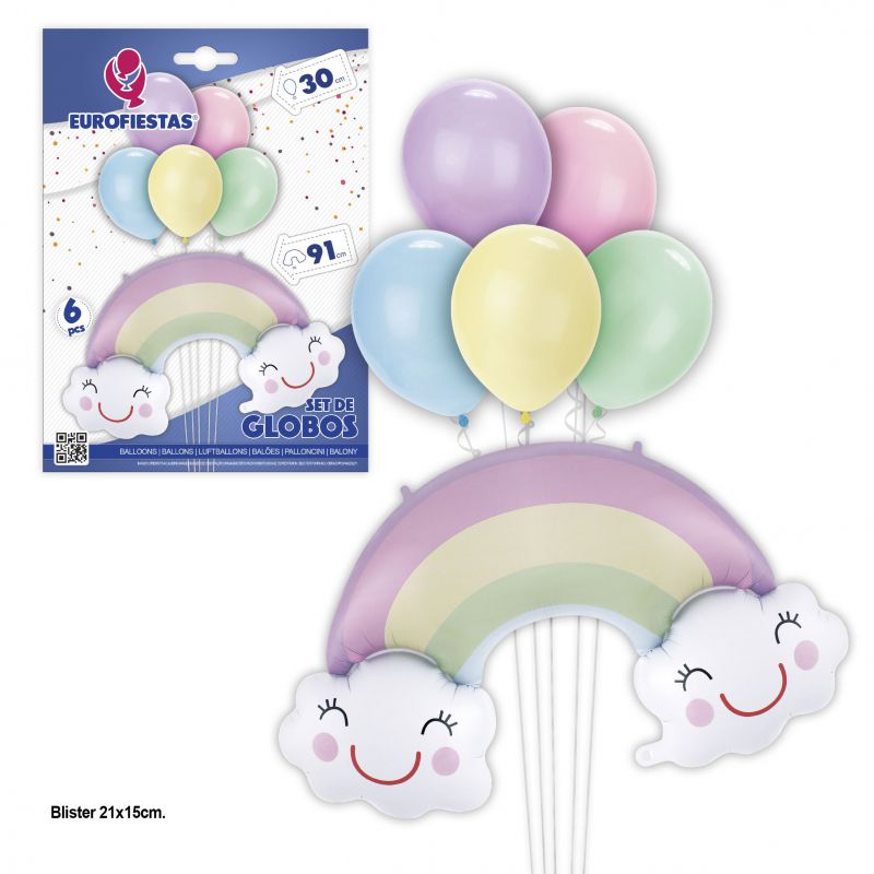 set globo foil arco iris con globos latex pastel