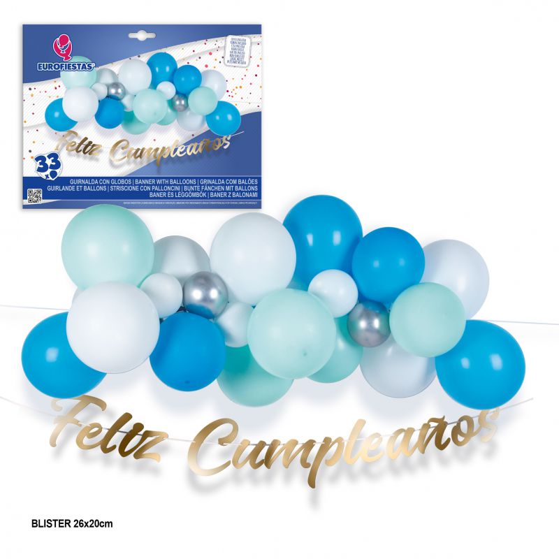 set nube de 33 globos azul y blanco con guirnalda feliz cumpleaños or
