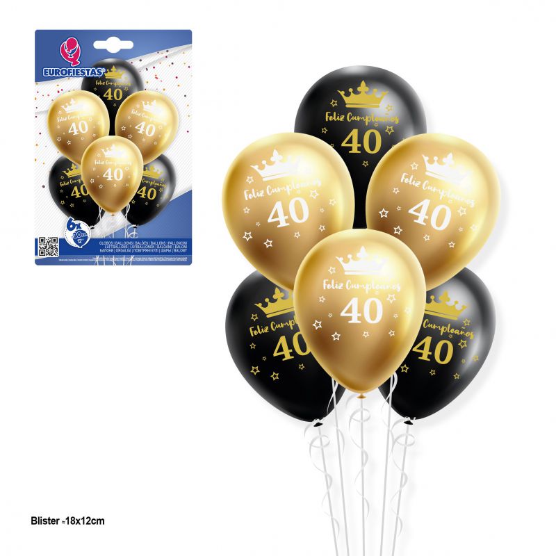 set globos 12r 6pcs oro y negro feliz cumpleaños 40