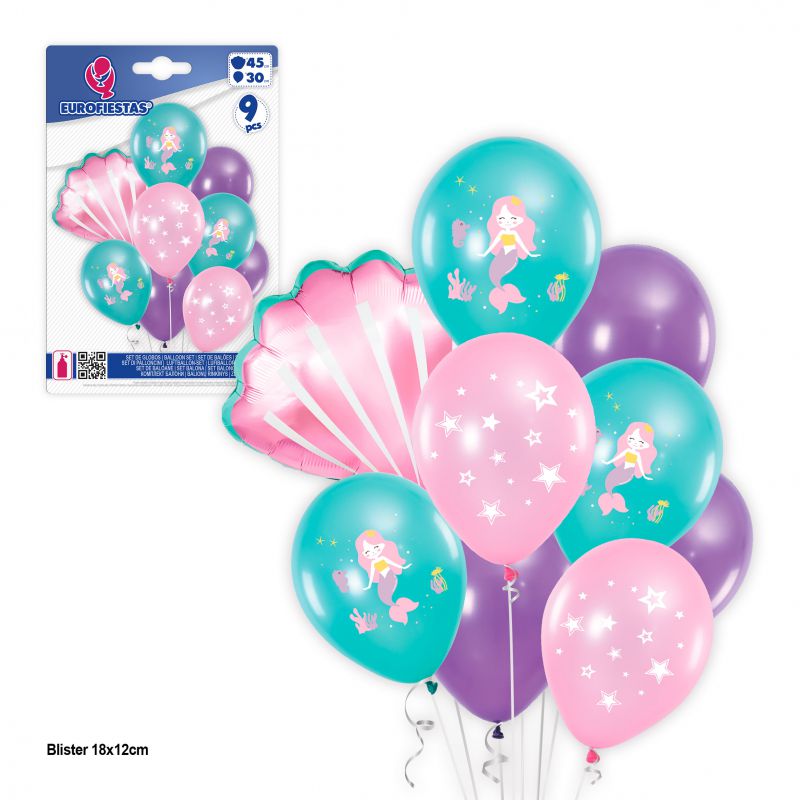 set 9 globos impresos sirena y concha rosa tiffany y lila