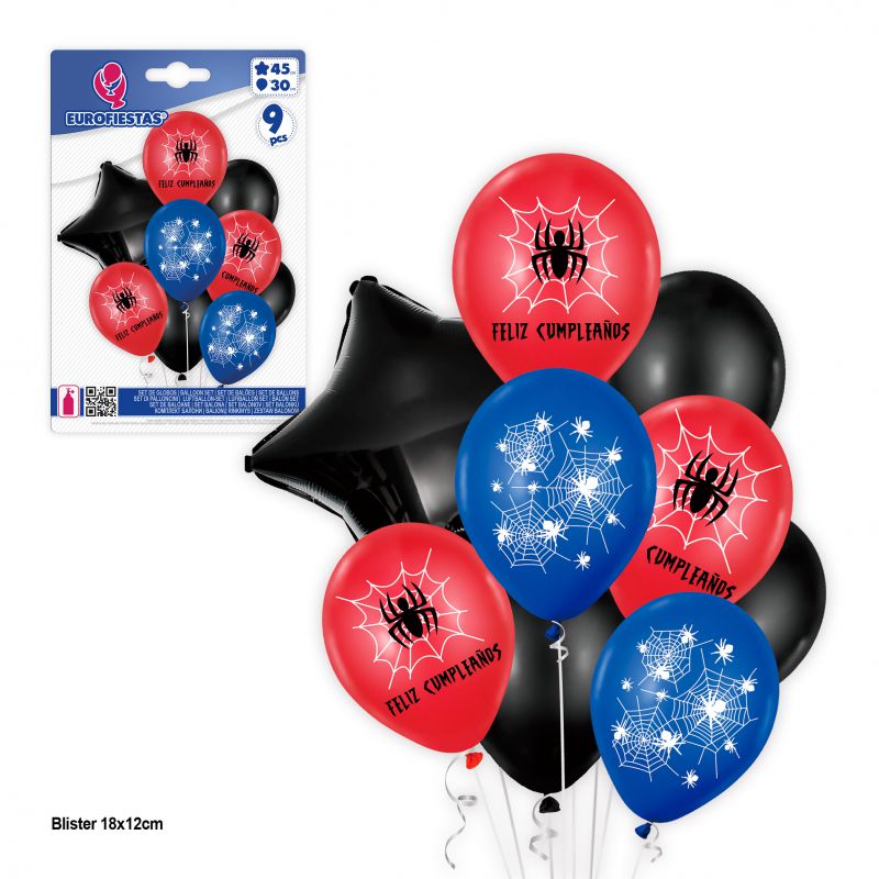 set 9 globos impresos spider feliz cumple rojo azul y negro