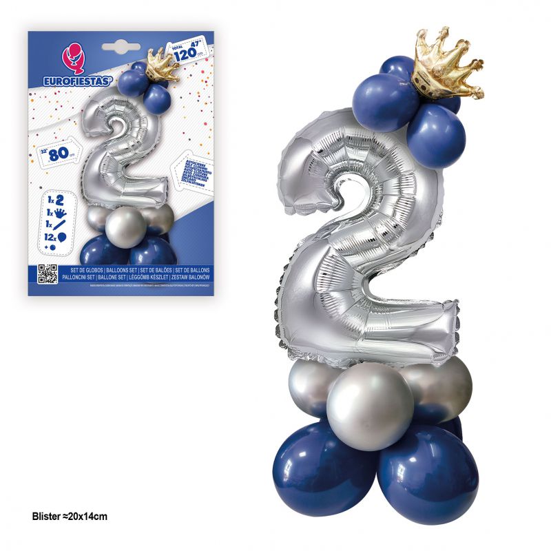 set globo foil corona 80cm 2  plata-azul