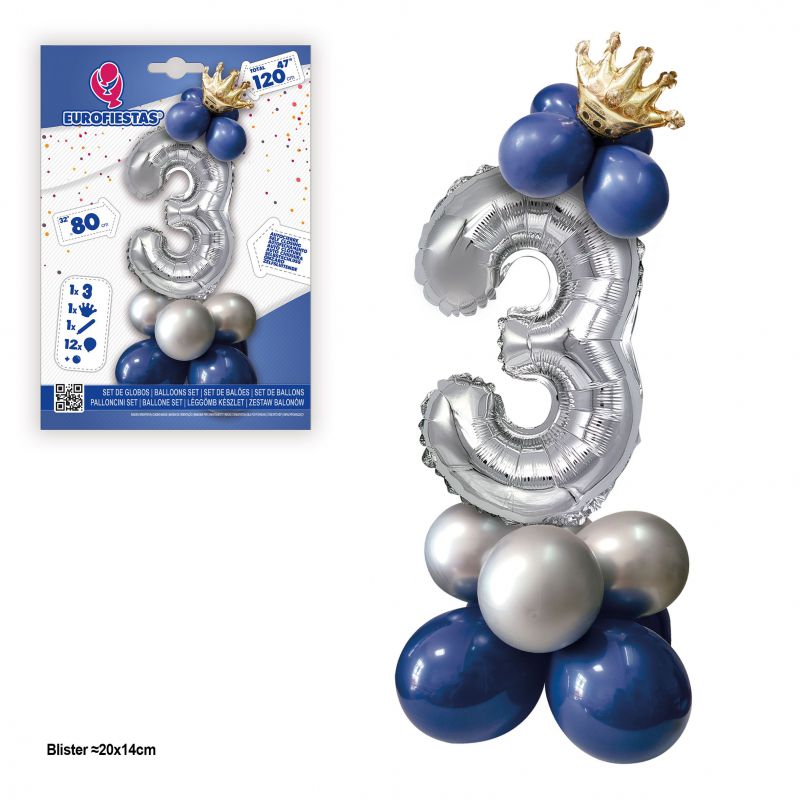 set globo foil corona 80cm 3  plata-azul