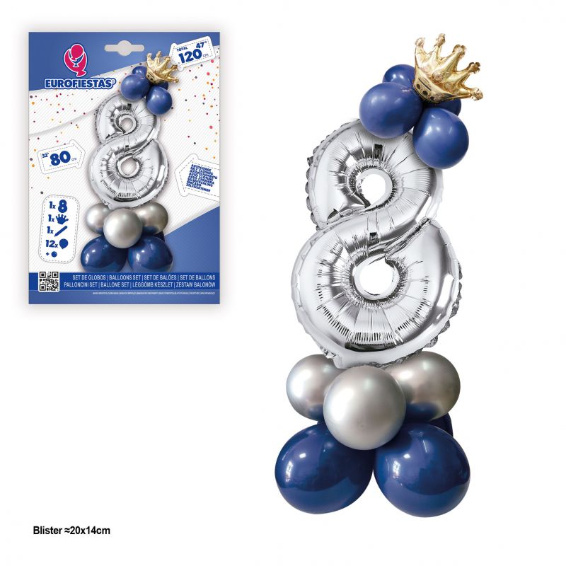 set globo foil corona 80cm 8  plata-azul