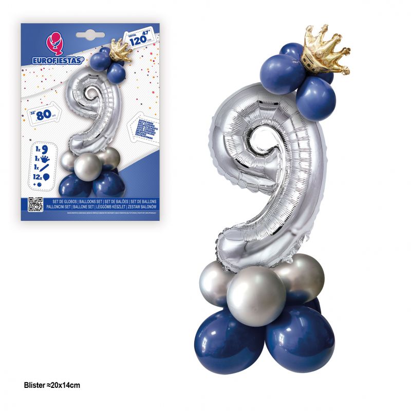 set globo foil corona 80cm 9  plata-azul