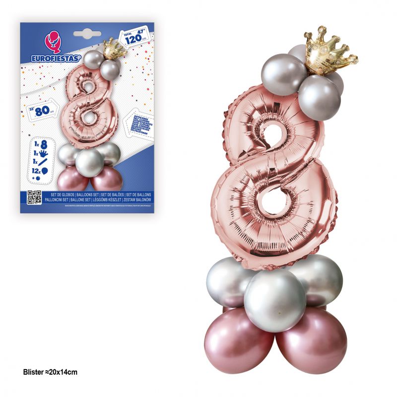 set globo foil corona 80cm 8  plata-rosa