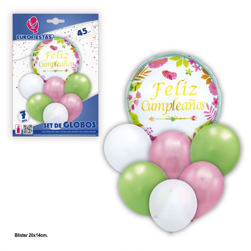 set globos feliz cumple verde-rosa