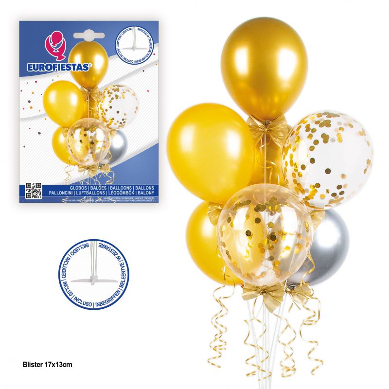 arbol de globos con confeti y lazos oro