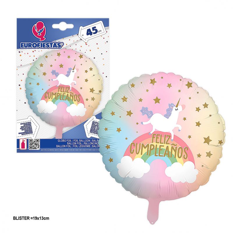 globo foil redondo feliz cumple unicornio tonos pastel estrellas 45cm