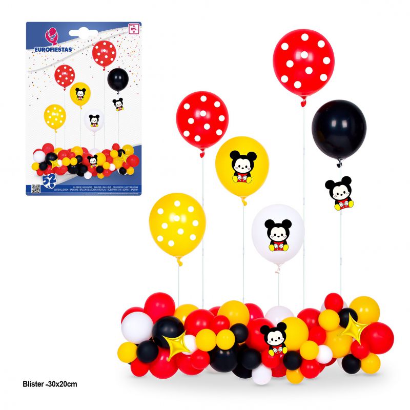 set 52 globos ratoncito rojo, amarillo y negro 6 soportes max 125cm