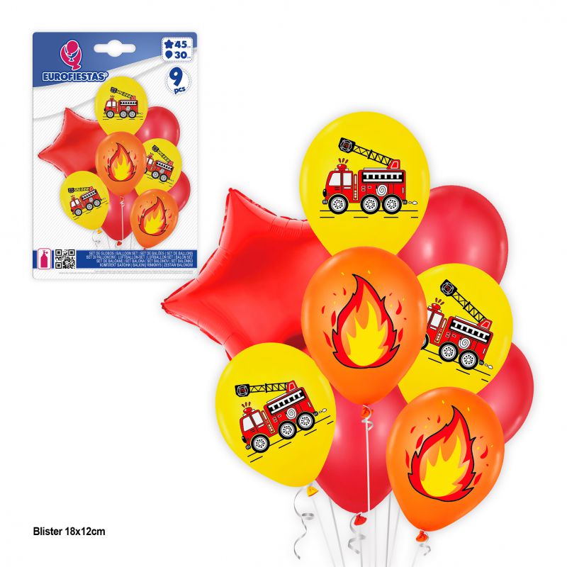 set 9 globos impresos bomberos naranja amarillo y rojo