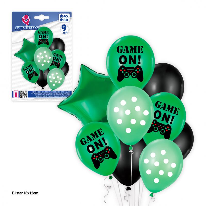 set 9 globos impresos game on estrellas verdes y negro
