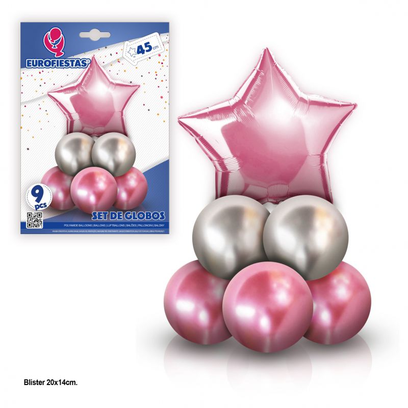 set 8 globos cromo con estrella foil rosa