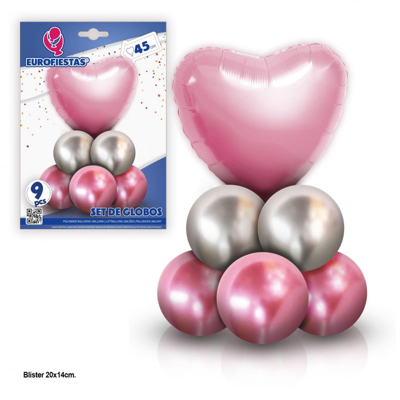 set 8 globos cromo con corazon foil rosa
