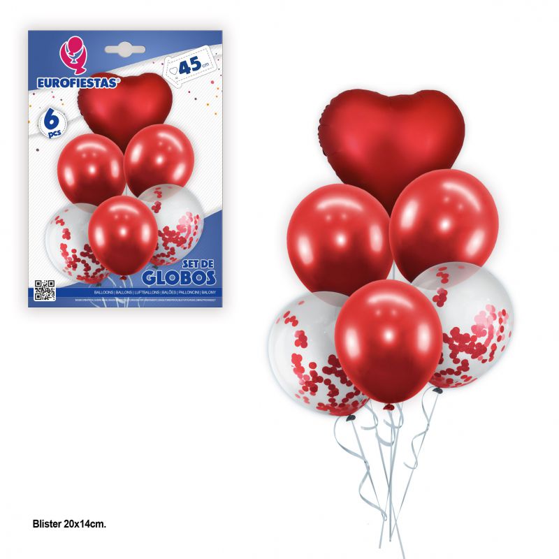 set globos latex rojos y confeti rojo con foil corazon rojo