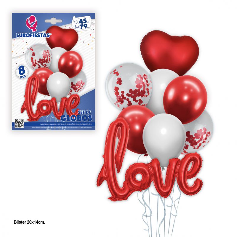 set globos latex blancos, rojos y confeti rojo con foil corazon y love