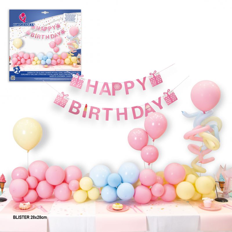 set nube de 53 globos colores pastel, guirnalda happy birthday y 2 arb