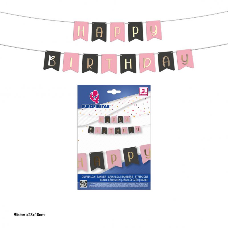 guirnalda happy birthday banderines rosa y gris con letras oro metaliz