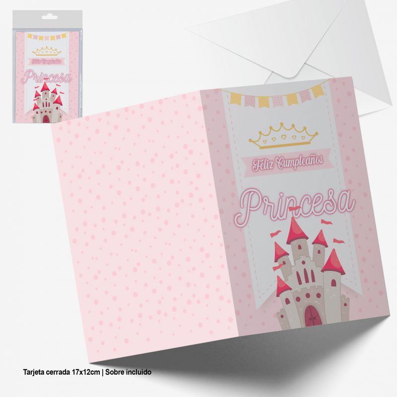 tarjeta felicitacion cumple princesa castillo rosa lunares