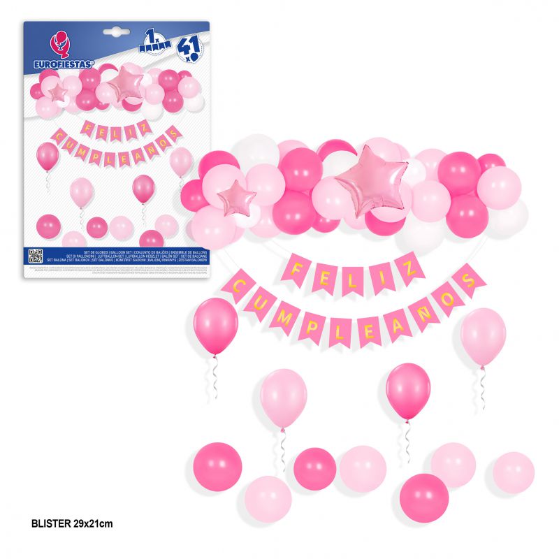 set nube de 41 globos con guirnalda banderines  feliz cumple rosa y fu