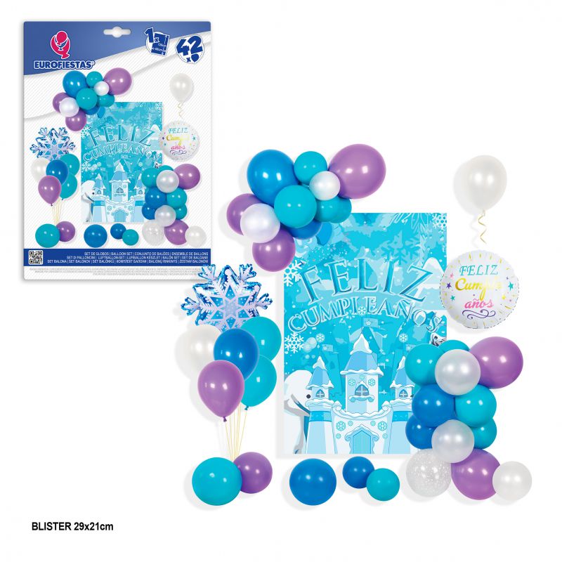 set de 42 globos con cartel 120x68cm feliz cumple princesa helada azul