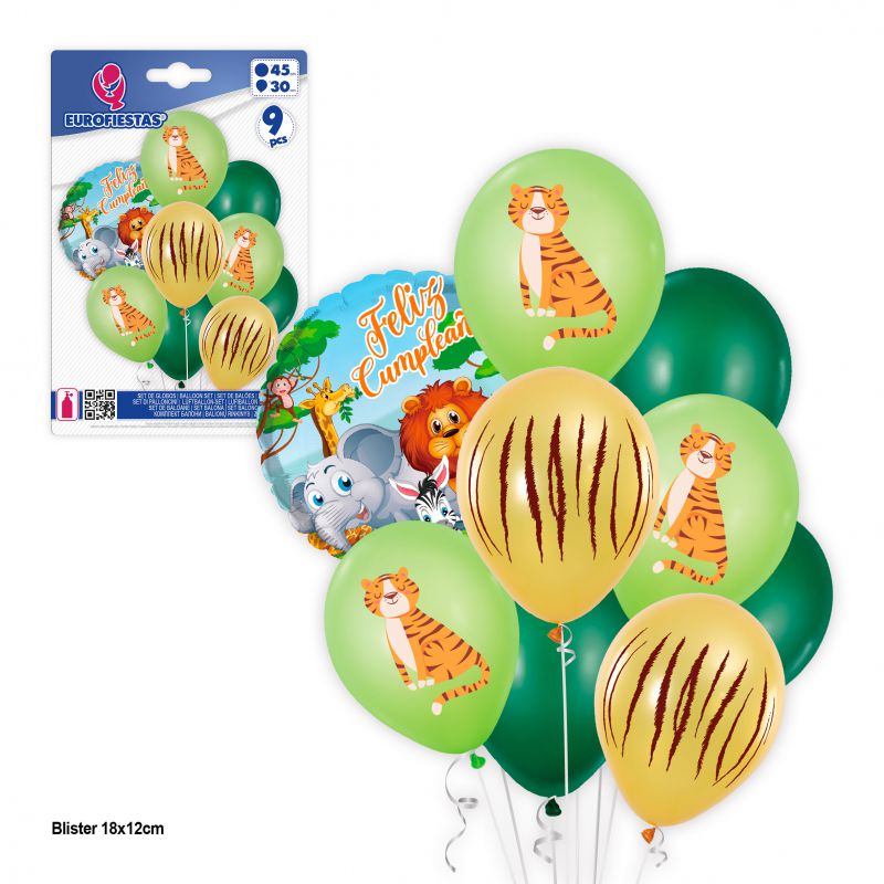 set 9 globos impresos animales feliz cumple verdes