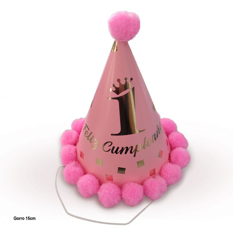 gorro feliz 1 cumpleaños pompones rosa