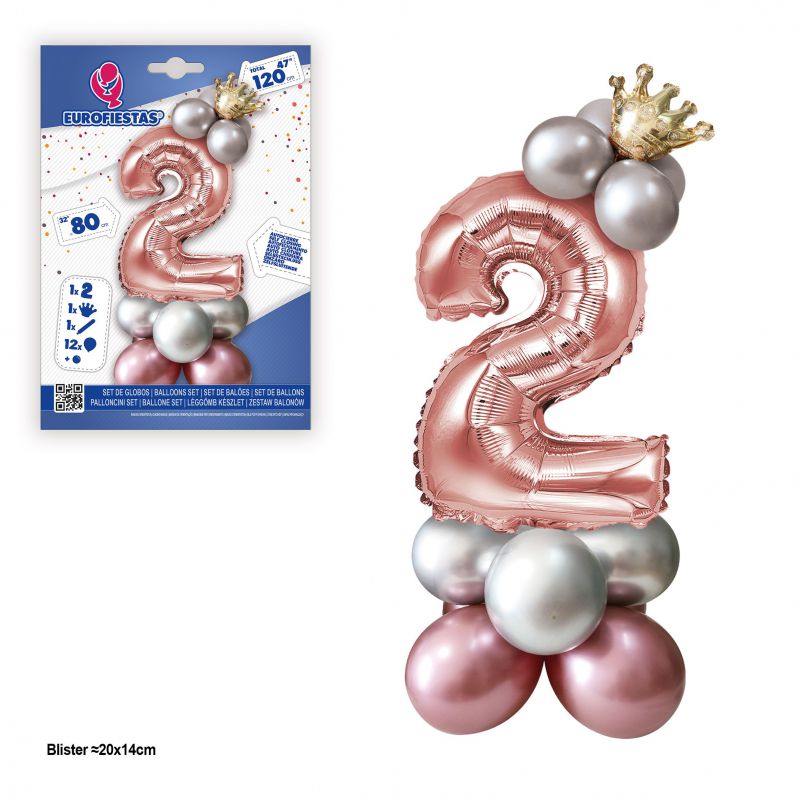 set globo foil corona 80cm 2  plata-rosa