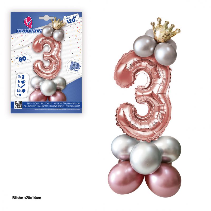 set globo foil corona 80cm 3  plata-rosa