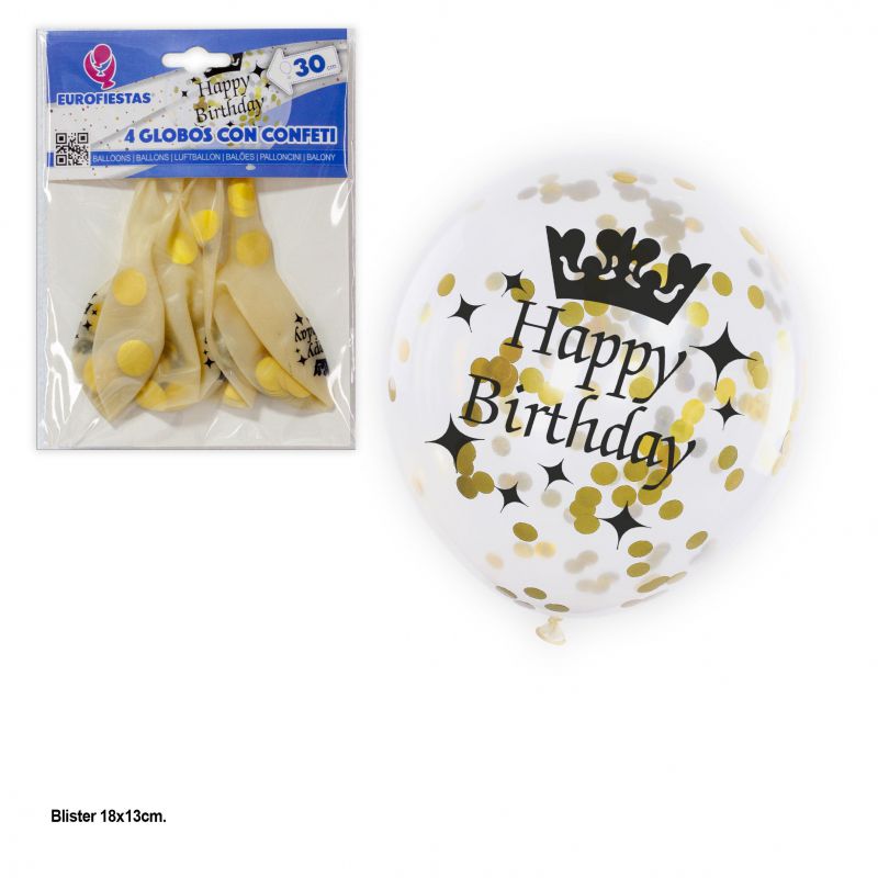 globo transparente confeti oro *4 "happy birthday"