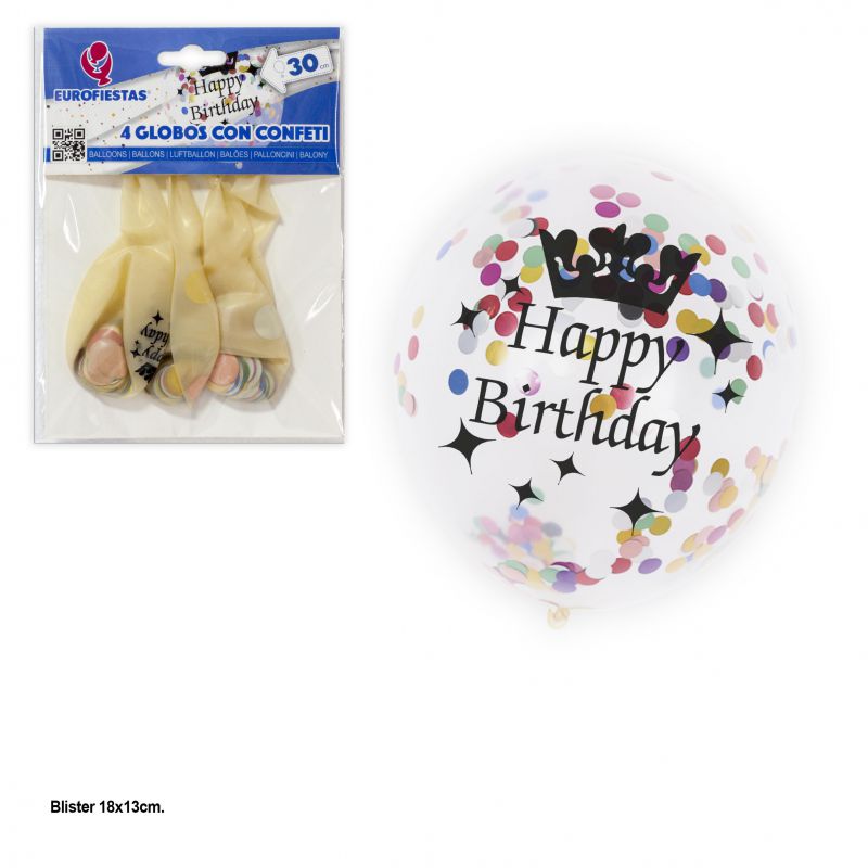 globo transparente confeti colores *4 "happy birthday"