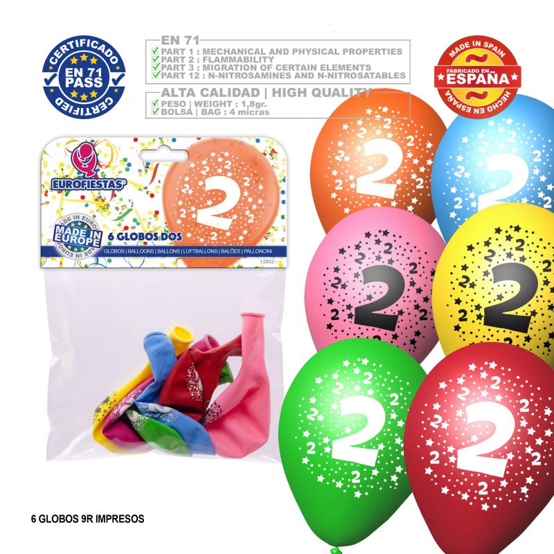 globo colores surtidos 9r número 2 impreso6 unidades