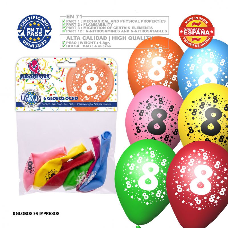 globo colores surtidos 9r número 8 impreso6 unidades