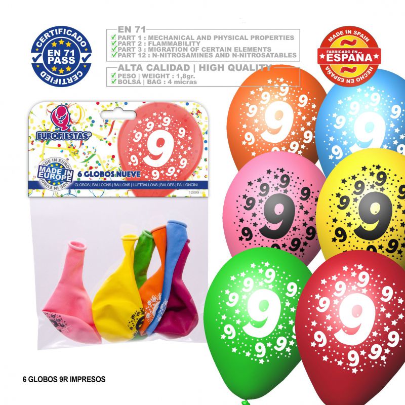 globo colores surtidos 9r número 9 impreso6 unidades