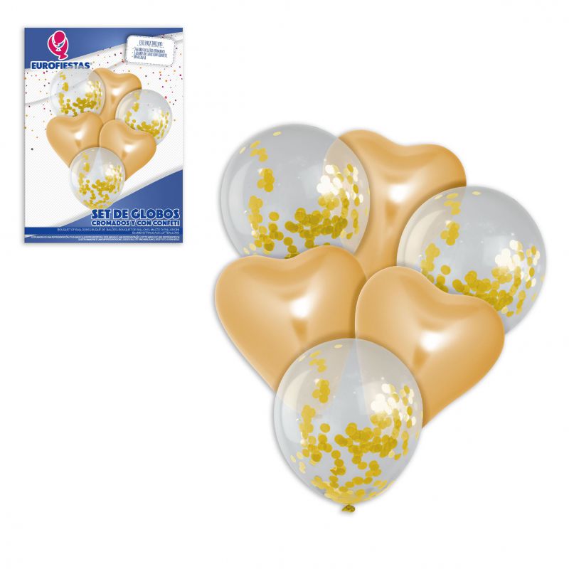set globos cromo corazon oro